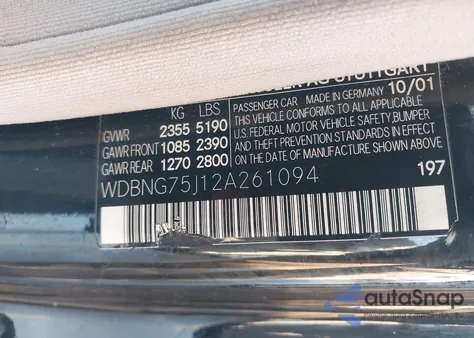 2002 Mercedes-Benz S 500 from USA, damaged, VIN WDBNG75J12A261094